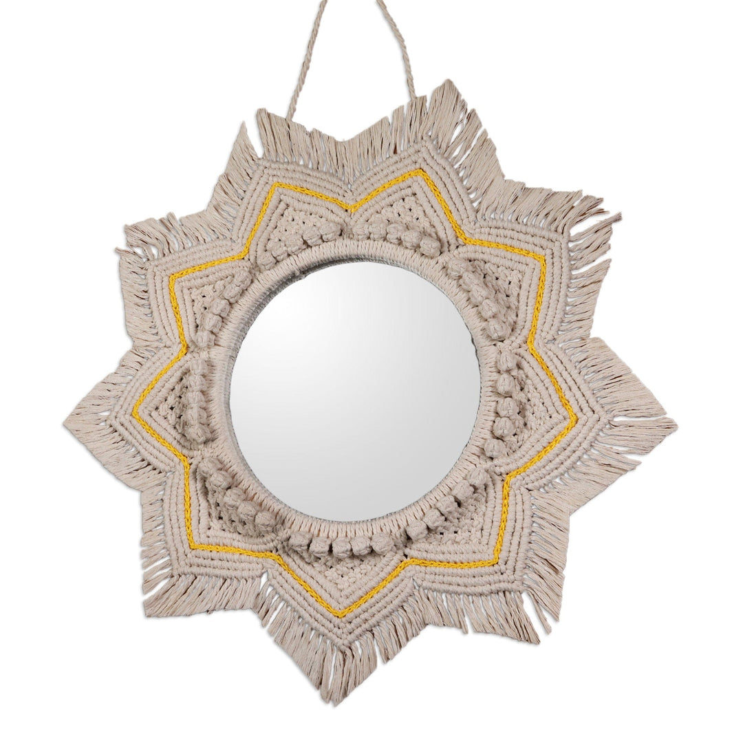 Sun-Shaped Cotton Macrame Wall Mirror in Ivory and Yellow - Sunbeam