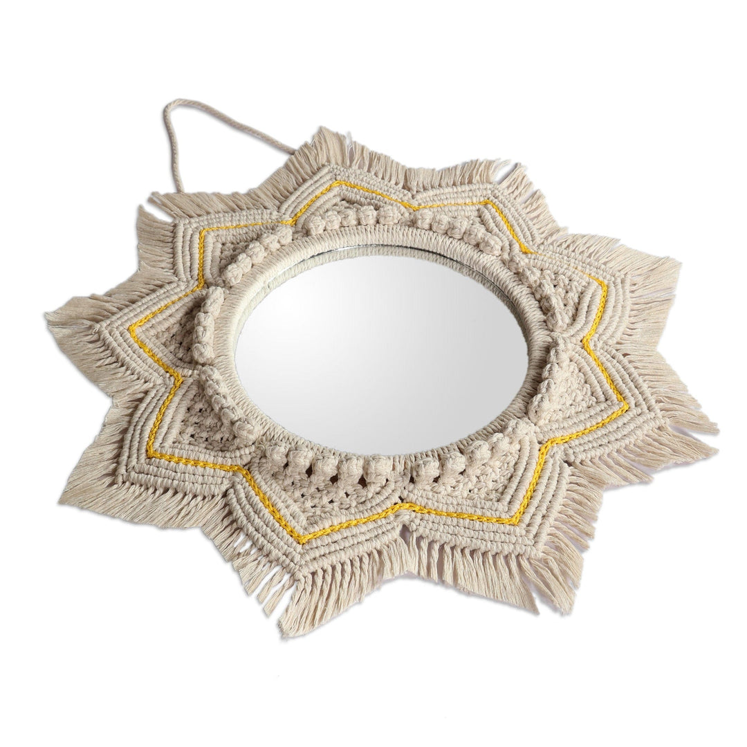 Sun-Shaped Cotton Macrame Wall Mirror in Ivory and Yellow - Sunbeam