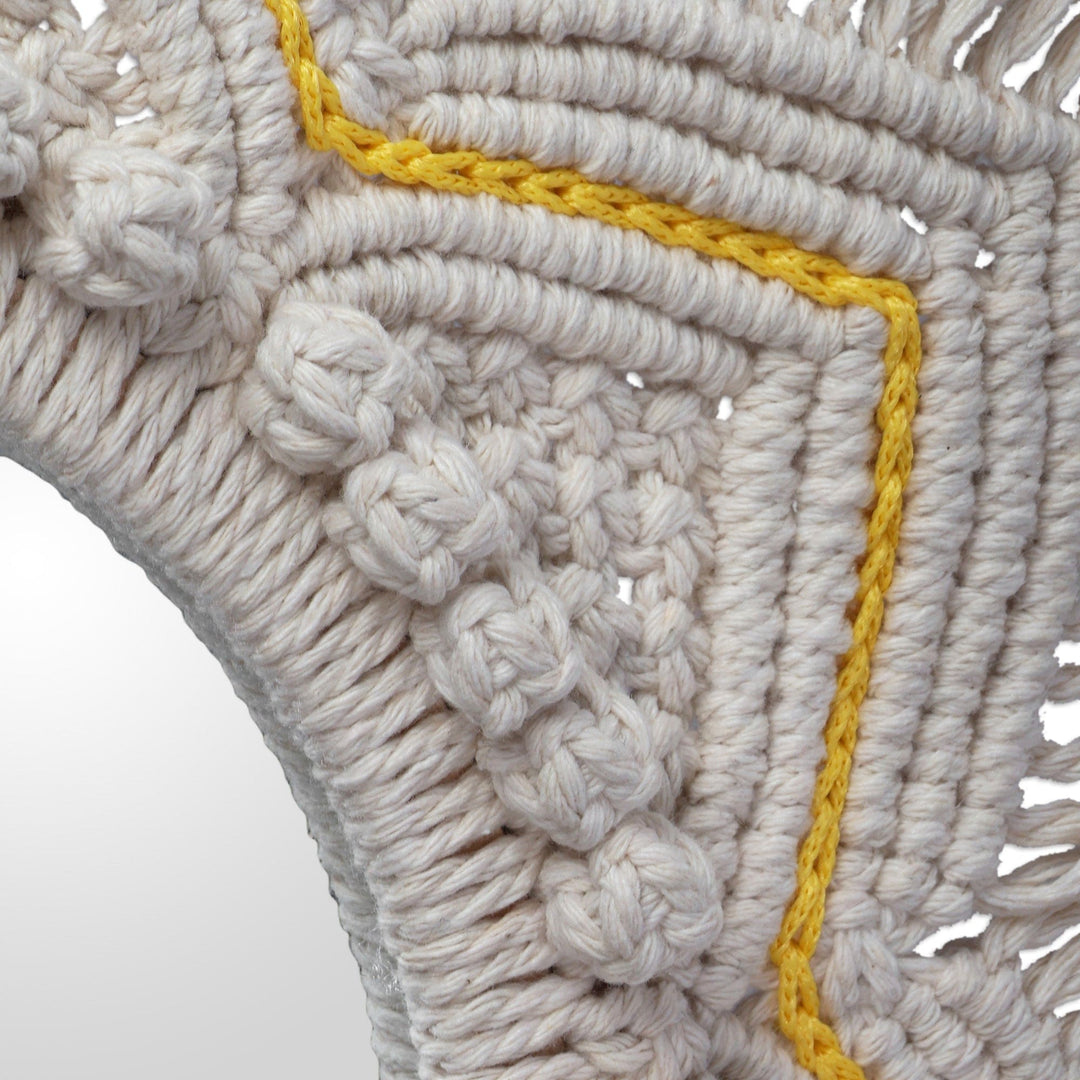 Sun-Shaped Cotton Macrame Wall Mirror in Ivory and Yellow - Sunbeam