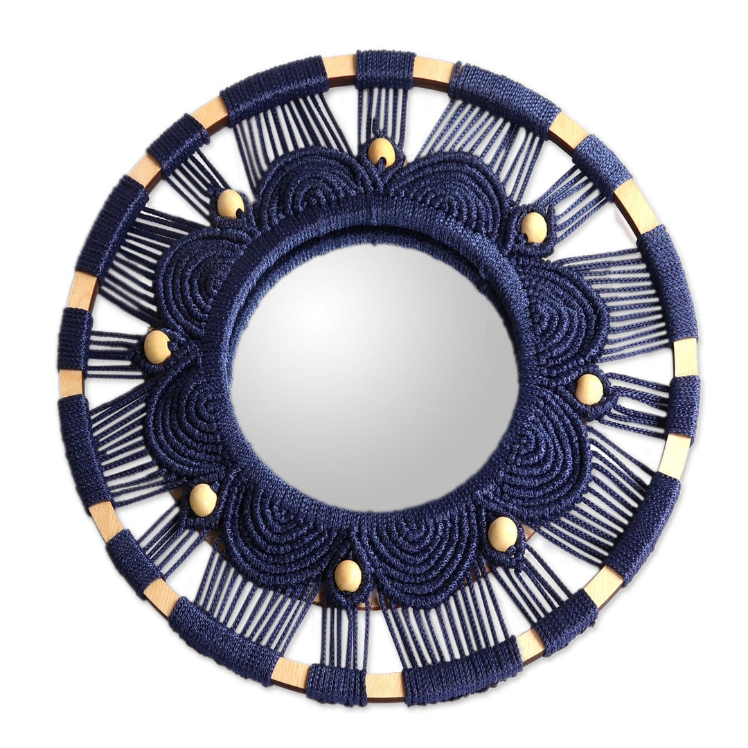 Floral Handmade Round Blue Macrame Mirror with Wood Beads - Blossoming Reflection