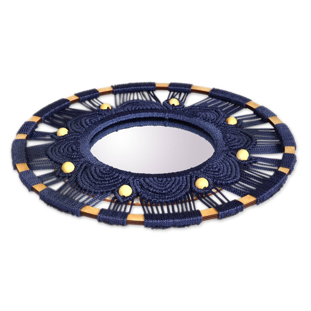 Floral Handmade Round Blue Macrame Mirror with Wood Beads - Blossoming Reflection