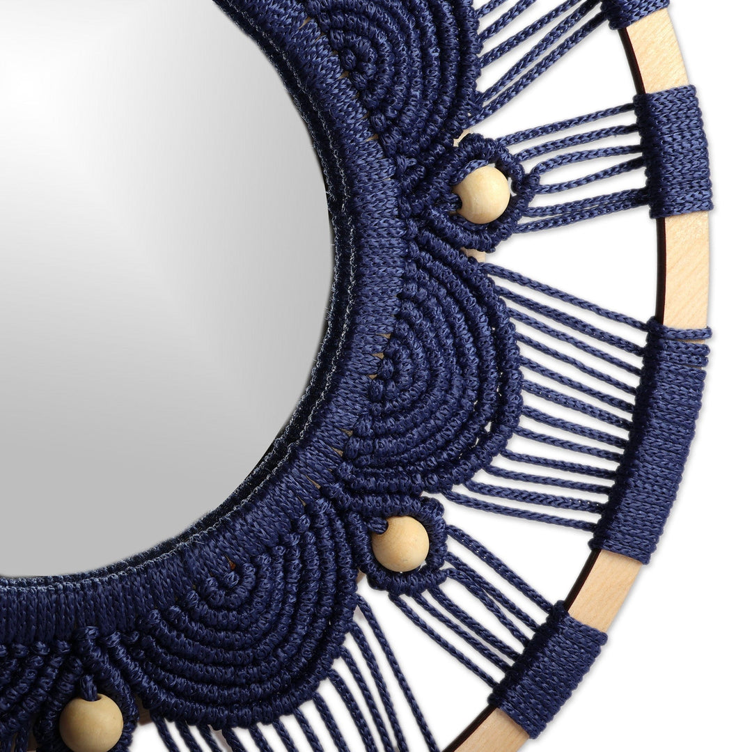 Floral Handmade Round Blue Macrame Mirror with Wood Beads - Blossoming Reflection