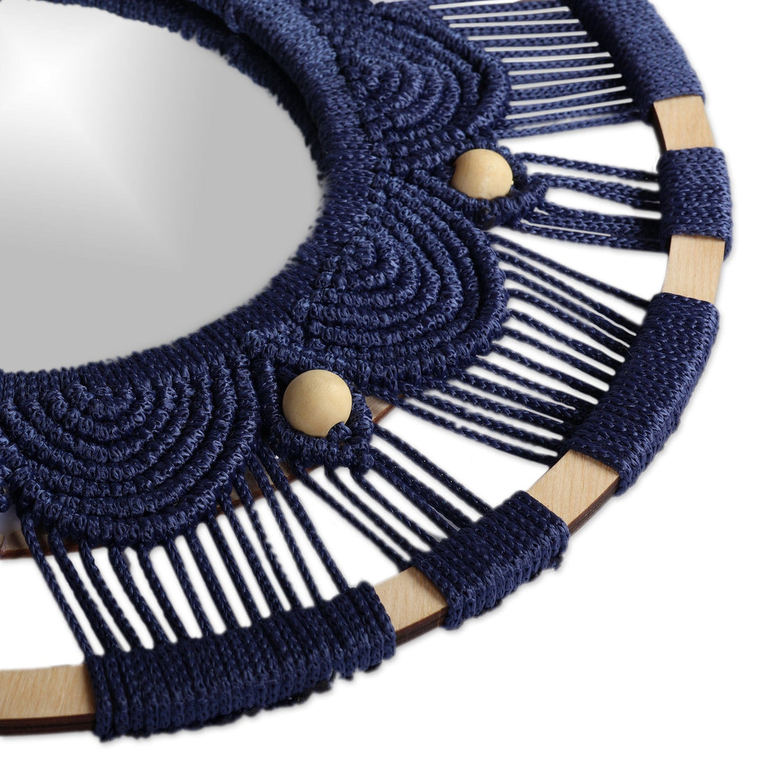 Floral Handmade Round Blue Macrame Mirror with Wood Beads - Blossoming Reflection