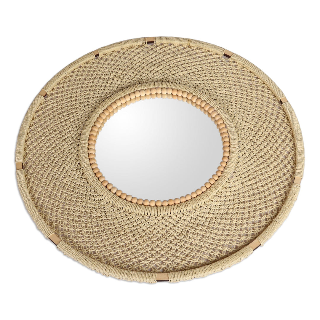 Wood Wall Mirror with Intricate Macrame Design in Beige Hue - Circle of Serenity
