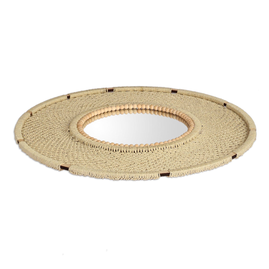 Wood Wall Mirror with Intricate Macrame Design in Beige Hue - Circle of Serenity
