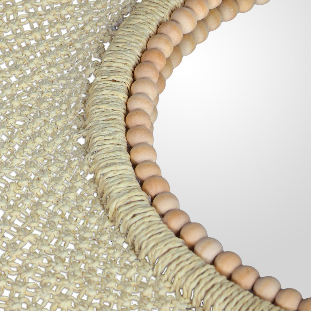 Wood Wall Mirror with Intricate Macrame Design in Beige Hue - Circle of Serenity