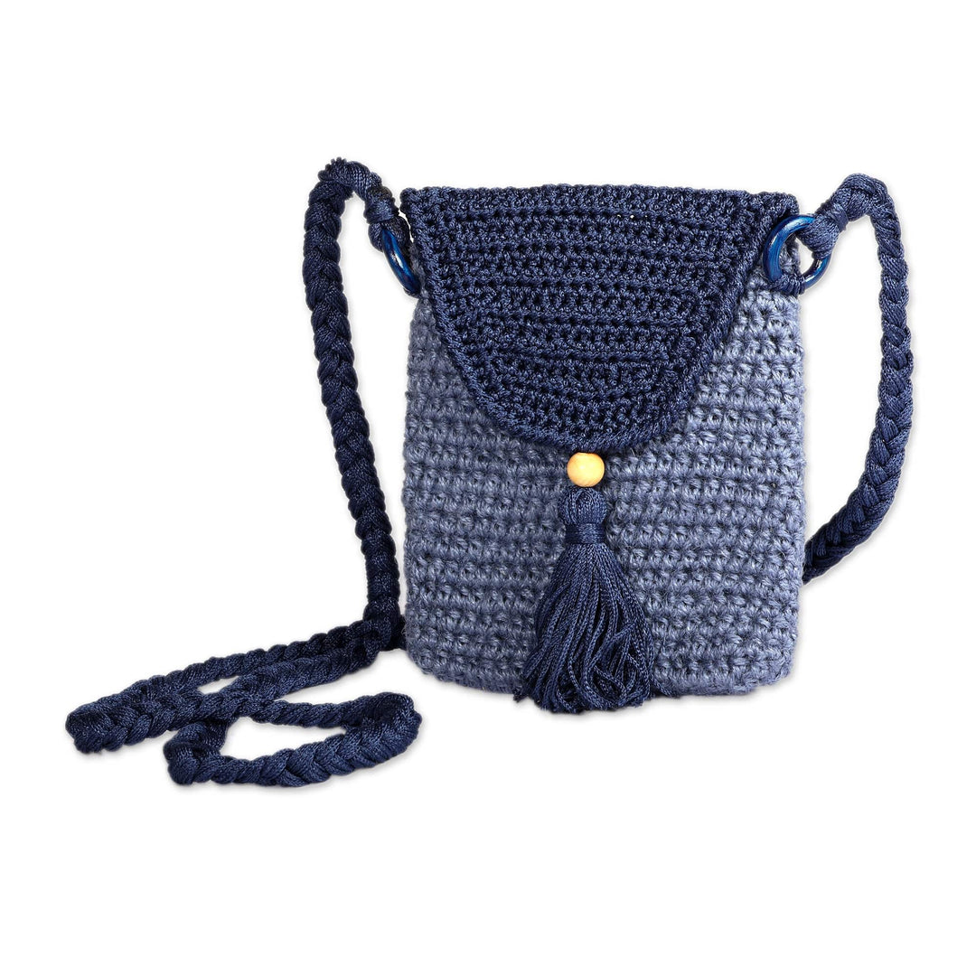 Bohemian Blue Knit Sling Bag with Braided Strap from Armenia - Adventures in Blue
