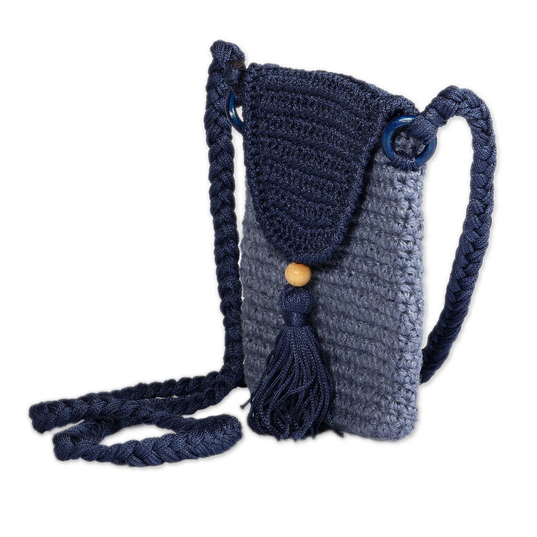 Bohemian Blue Knit Sling Bag with Braided Strap from Armenia - Adventures in Blue