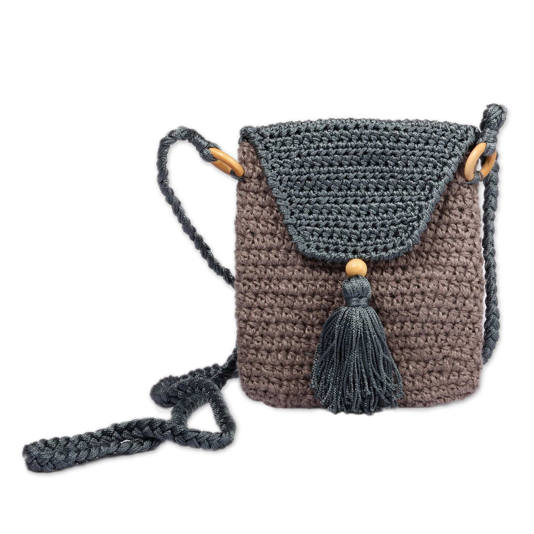 Grey and Blue Knit Sling Bag with Braided Strap from Armenia - Adventures in Grey