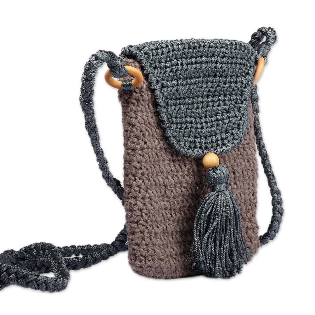 Grey and Blue Knit Sling Bag with Braided Strap from Armenia - Adventures in Grey