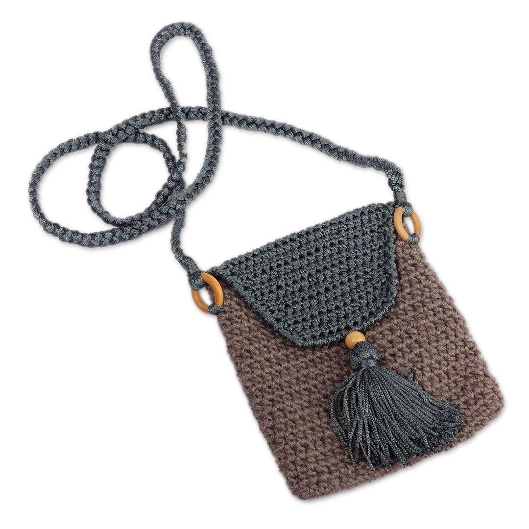 Grey and Blue Knit Sling Bag with Braided Strap from Armenia - Adventures in Grey