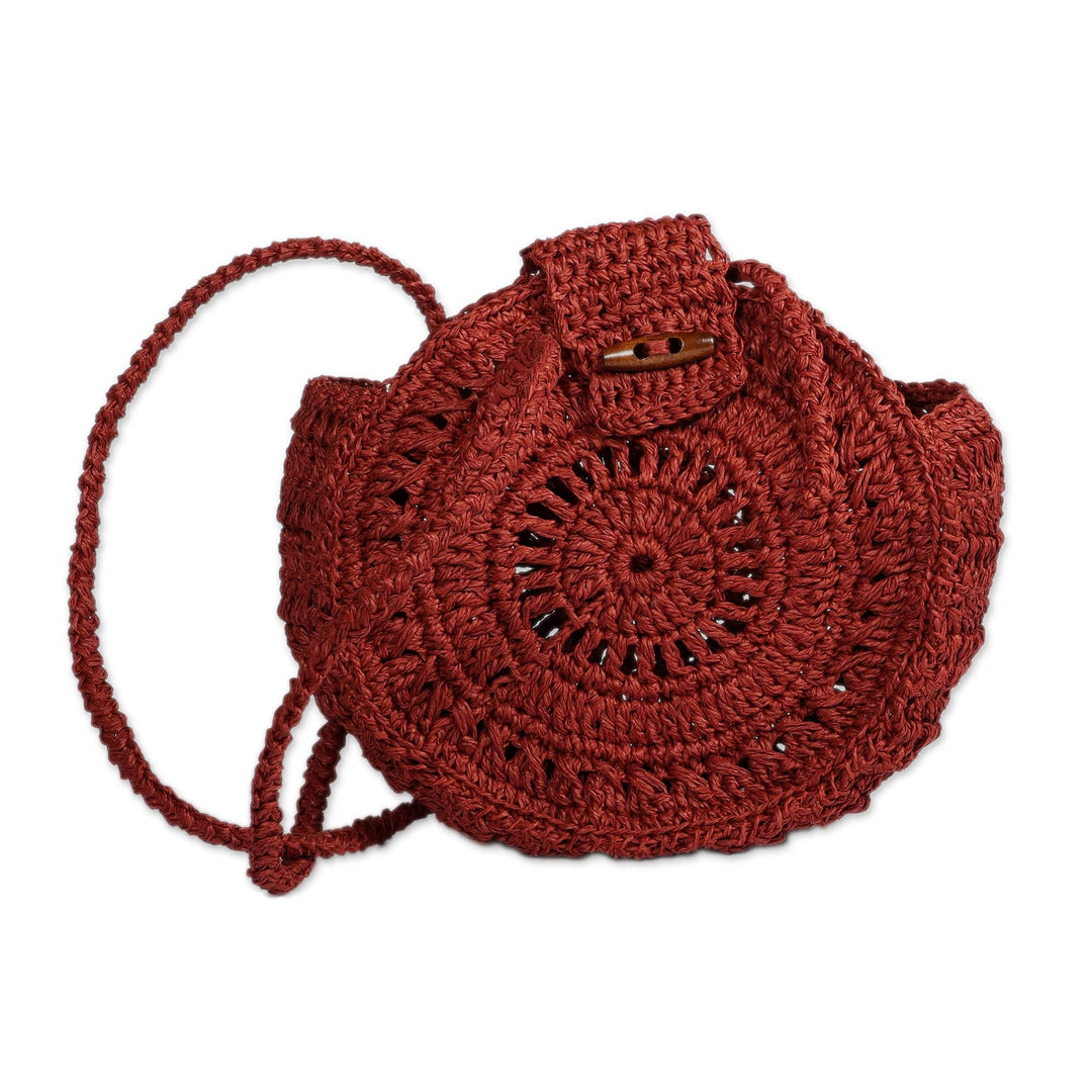 Macrame Round Burgundy Sling Bag with Wood Button Closure - Sunset Cycle
