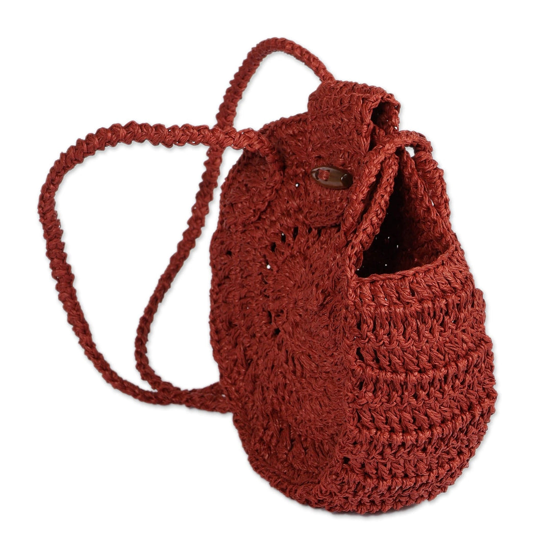 Macrame Round Burgundy Sling Bag with Wood Button Closure - Sunset Cycle