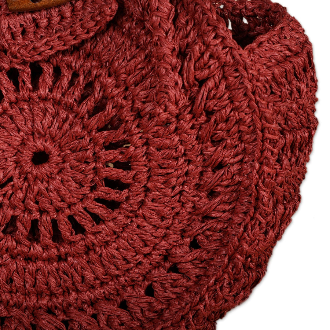 Macrame Round Burgundy Sling Bag with Wood Button Closure - Sunset Cycle
