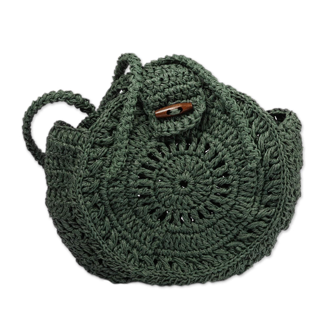 Knit Macrame Round Green Sling Bag with Wood Button Closure - Forest Cycle
