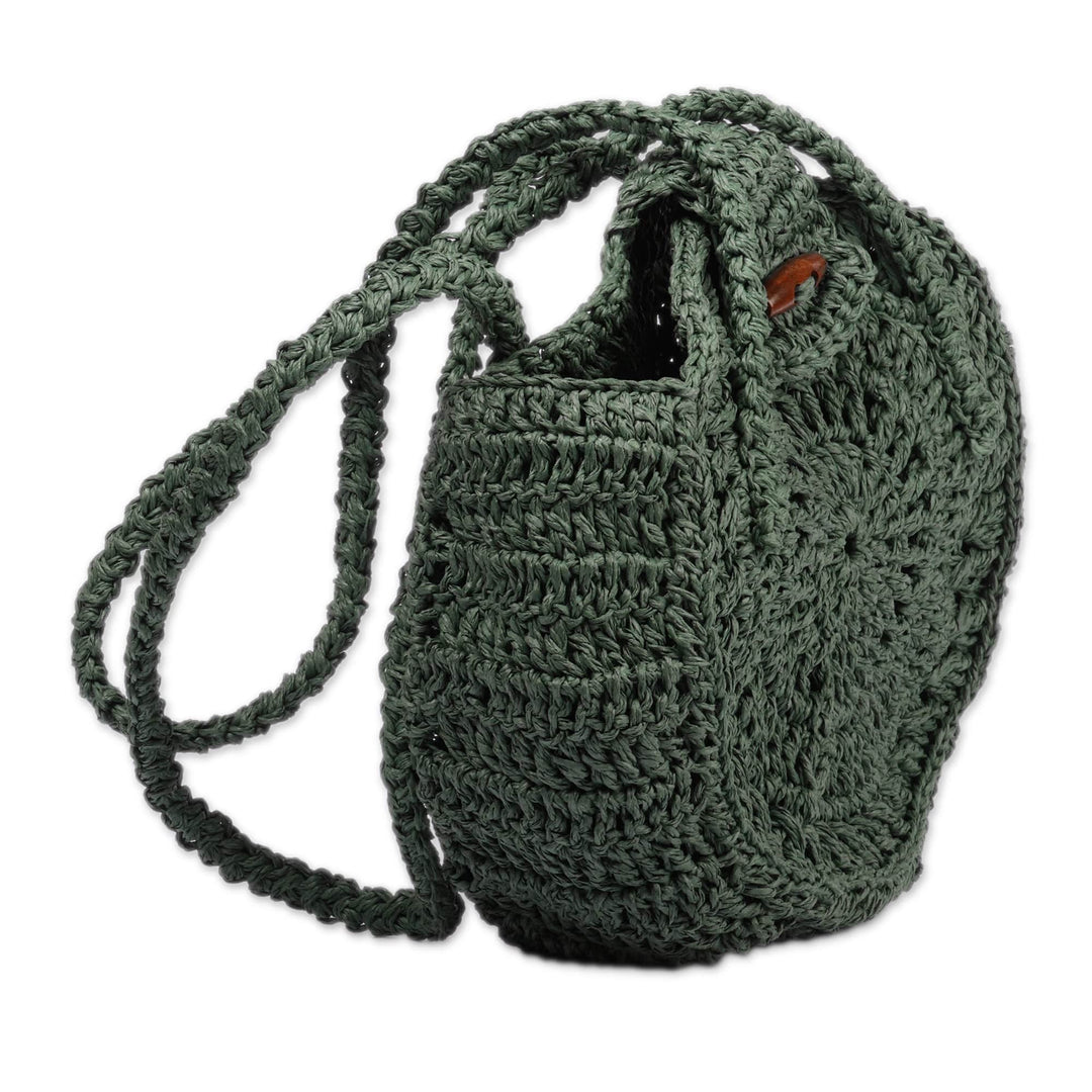 Knit Macrame Round Green Sling Bag with Wood Button Closure - Forest Cycle