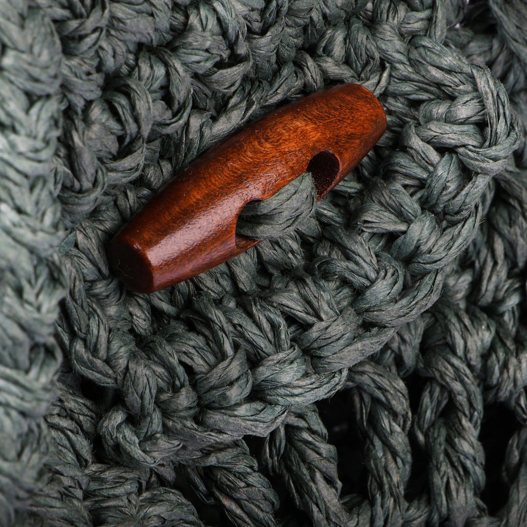 Knit Macrame Round Green Sling Bag with Wood Button Closure - Forest Cycle