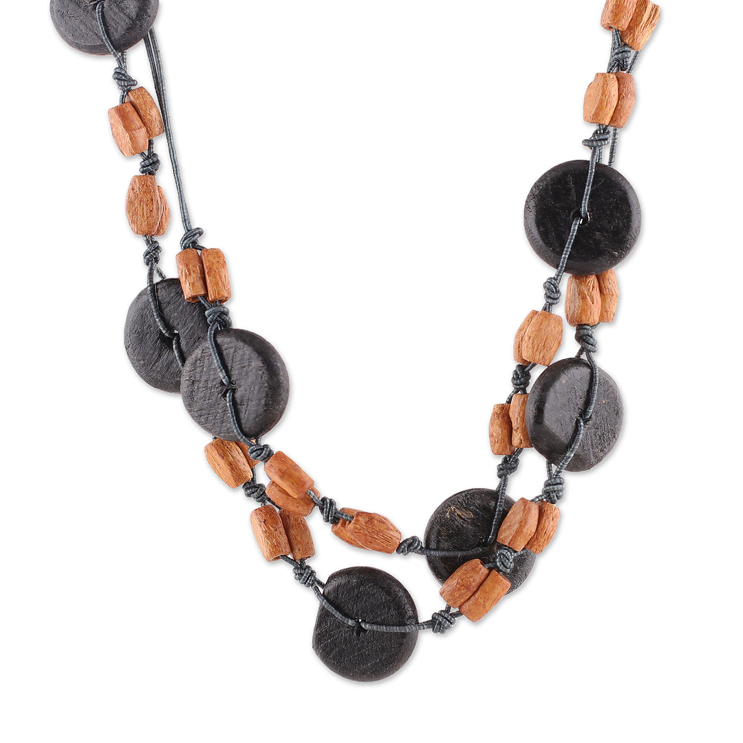 Brown Green Carved Painted Wood Beaded Long Strand Necklace - Sublime Harmony