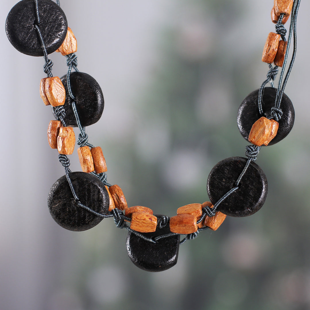 Brown Green Carved Painted Wood Beaded Long Strand Necklace - Sublime Harmony