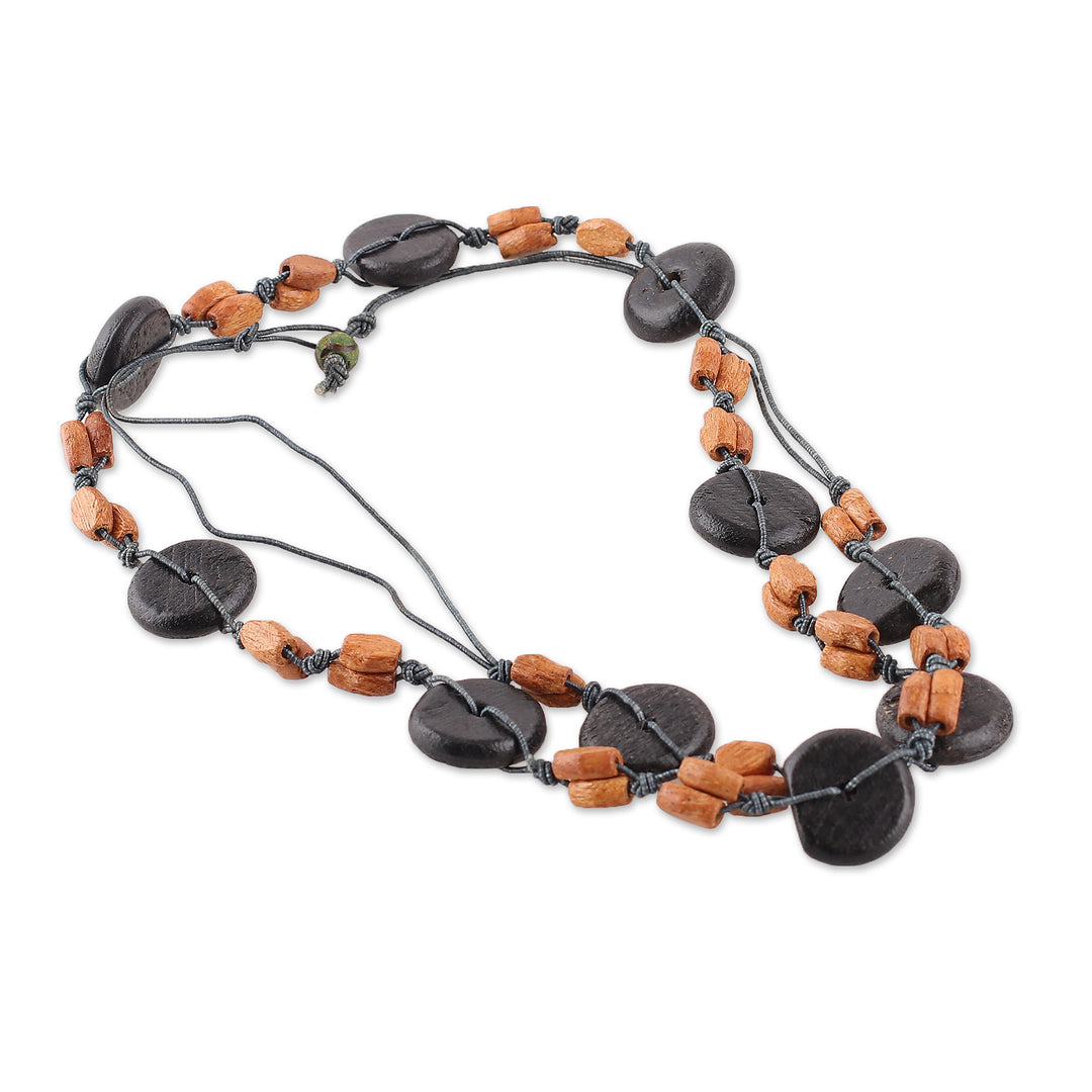 Brown Green Carved Painted Wood Beaded Long Strand Necklace - Sublime Harmony