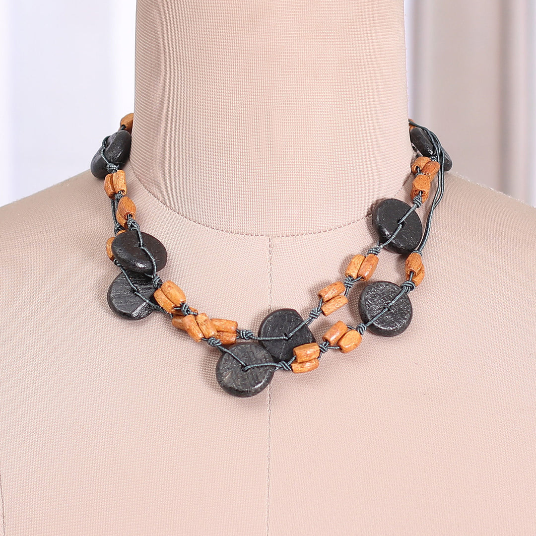Brown Green Carved Painted Wood Beaded Long Strand Necklace - Sublime Harmony