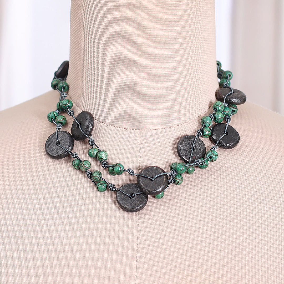Painted Green Black-Hued Wood Beaded Long Strand Necklace - Precious Harmony