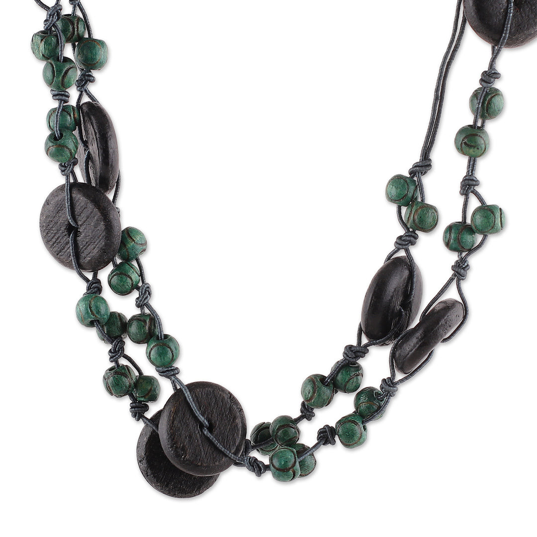 Painted Green Black-Hued Wood Beaded Long Strand Necklace - Precious Harmony