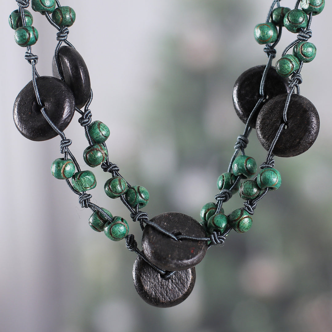 Painted Green Black-Hued Wood Beaded Long Strand Necklace - Precious Harmony