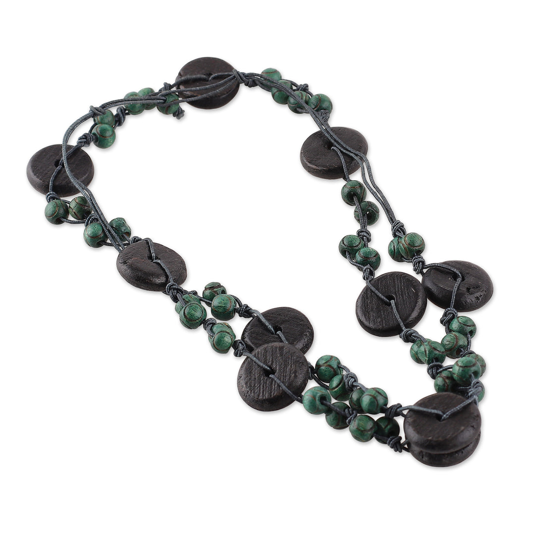 Painted Green Black-Hued Wood Beaded Long Strand Necklace - Precious Harmony