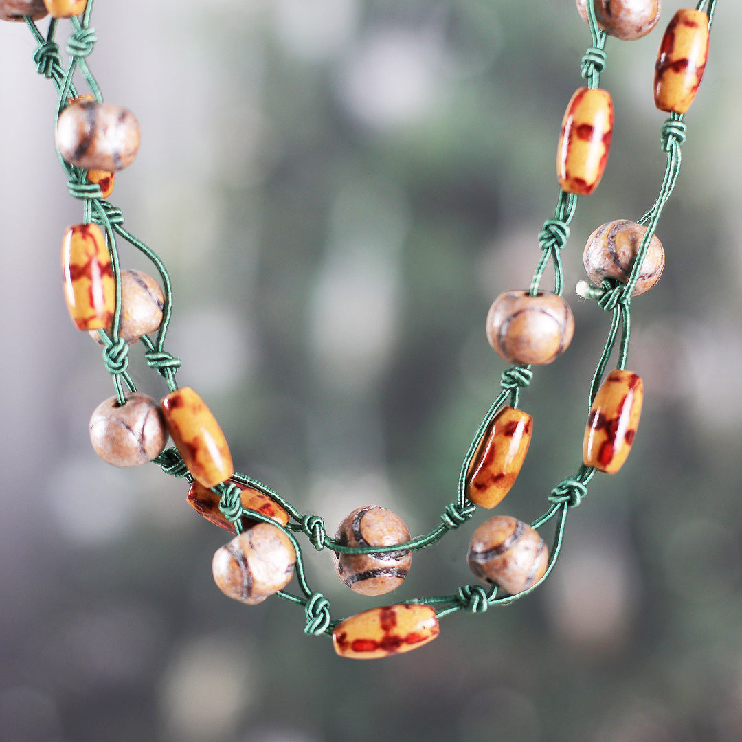 Long Strand Necklace with Painted and Printed Wooden Beads - Modern Glamour
