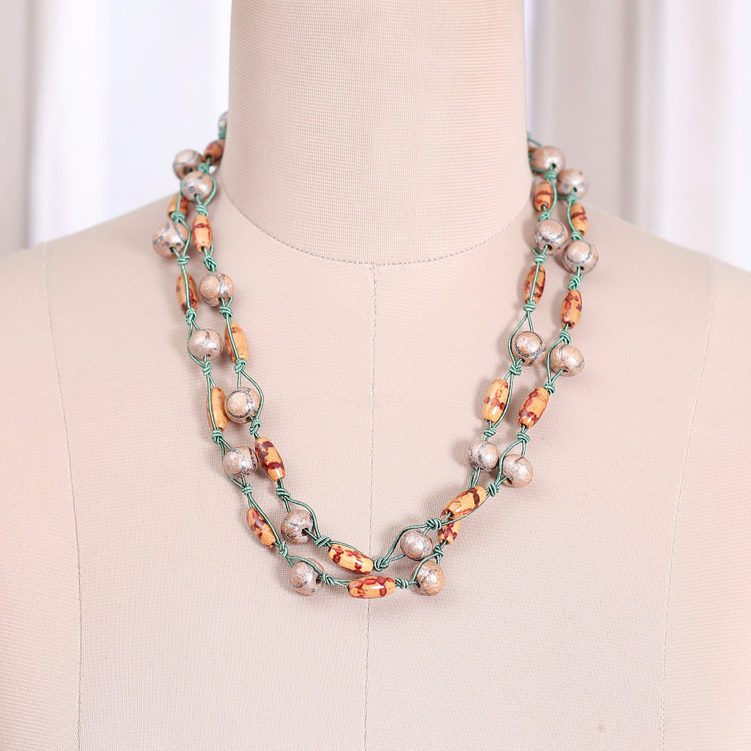 Long Strand Necklace with Painted and Printed Wooden Beads - Modern Glamour
