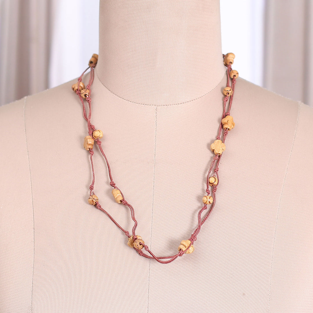 Bohemian Red Haldu Wood Station Necklace with Star Beads - Starry Fire