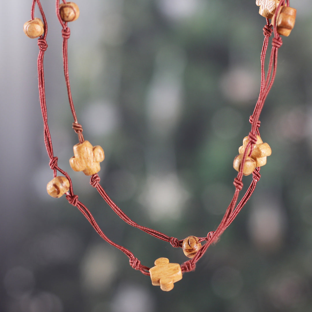 Bohemian Red Haldu Wood Station Necklace with Star Beads - Starry Fire
