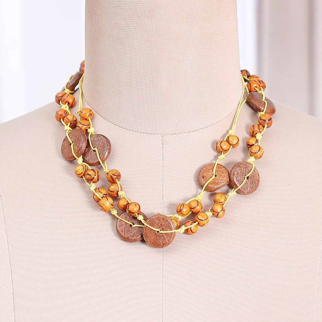 Brown Hand-Carved Painted Wood Beaded Long Strand Necklace - Brown Harmony