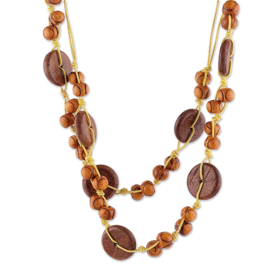 Brown Hand-Carved Painted Wood Beaded Long Strand Necklace - Brown Harmony