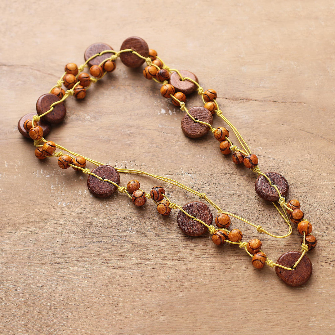 Brown Hand-Carved Painted Wood Beaded Long Strand Necklace - Brown Harmony