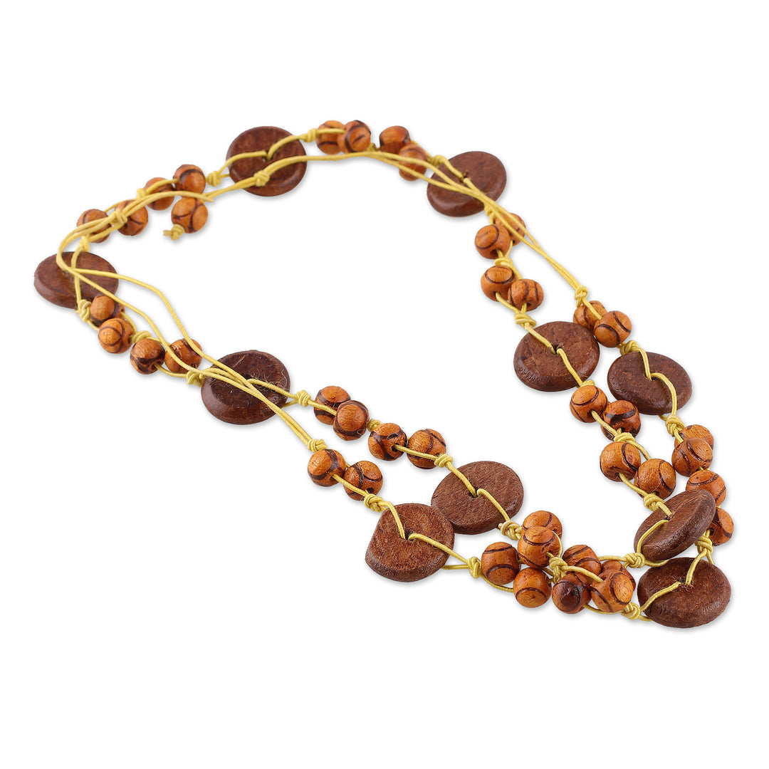 Brown Hand-Carved Painted Wood Beaded Long Strand Necklace - Brown Harmony
