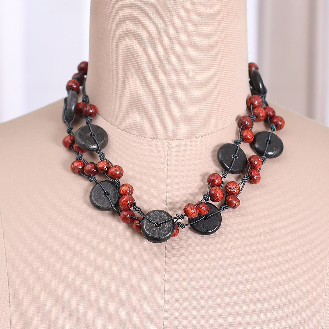 Black Red Carved Painted Wood Beaded Long Strand Necklace - Vivid Harmony