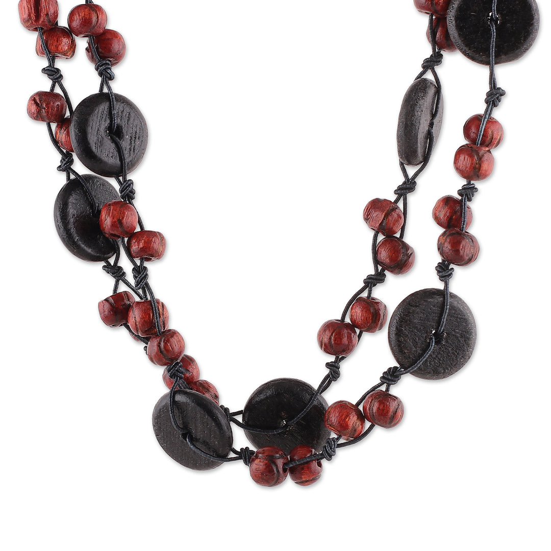Black Red Carved Painted Wood Beaded Long Strand Necklace - Vivid Harmony