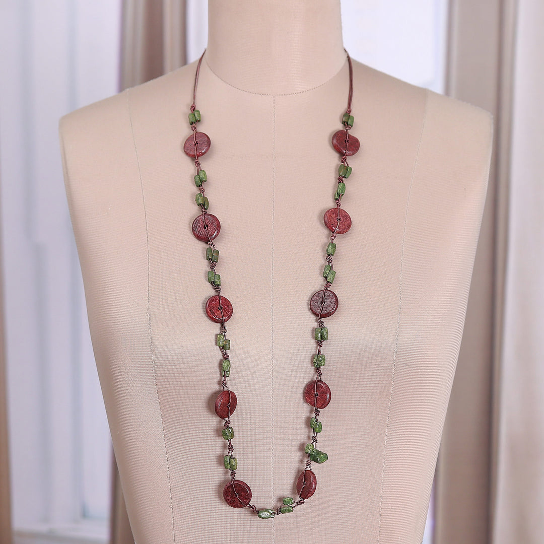 Artisan-Made Wood Beaded Long Necklace in Burgundy and Green - Distinguished Fusion