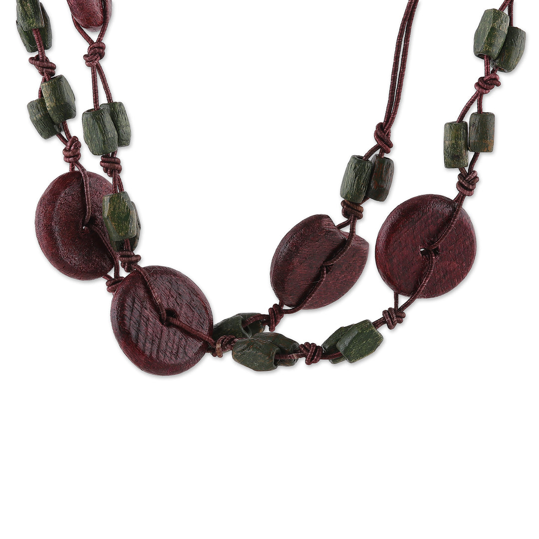 Artisan-Made Wood Beaded Long Necklace in Burgundy and Green - Distinguished Fusion