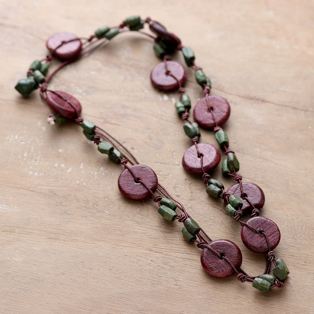Artisan-Made Wood Beaded Long Necklace in Burgundy and Green - Distinguished Fusion
