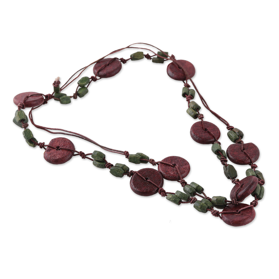 Artisan-Made Wood Beaded Long Necklace in Burgundy and Green - Distinguished Fusion