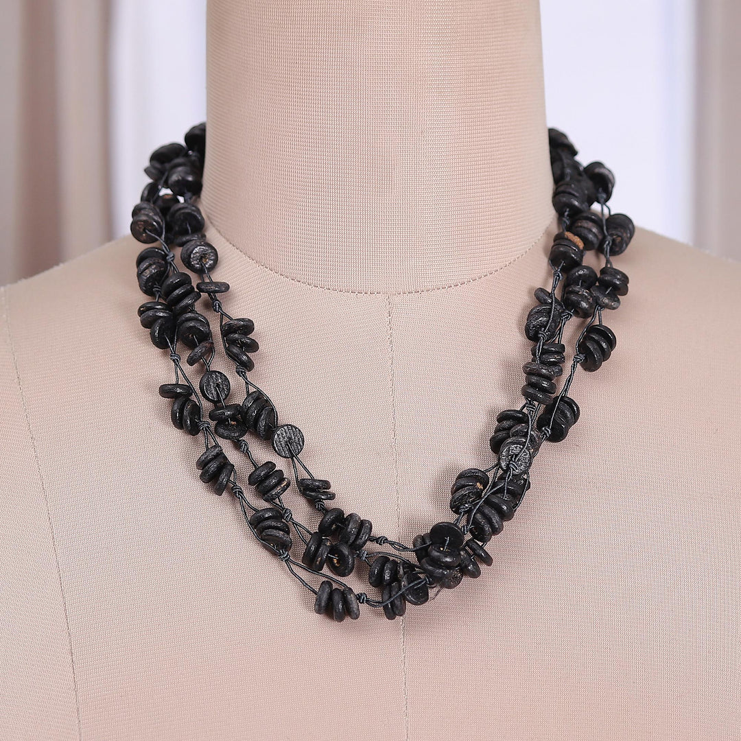 Handcrafted Haldu Wood Beaded Three-Strand Necklace in Black - Midnight Loops