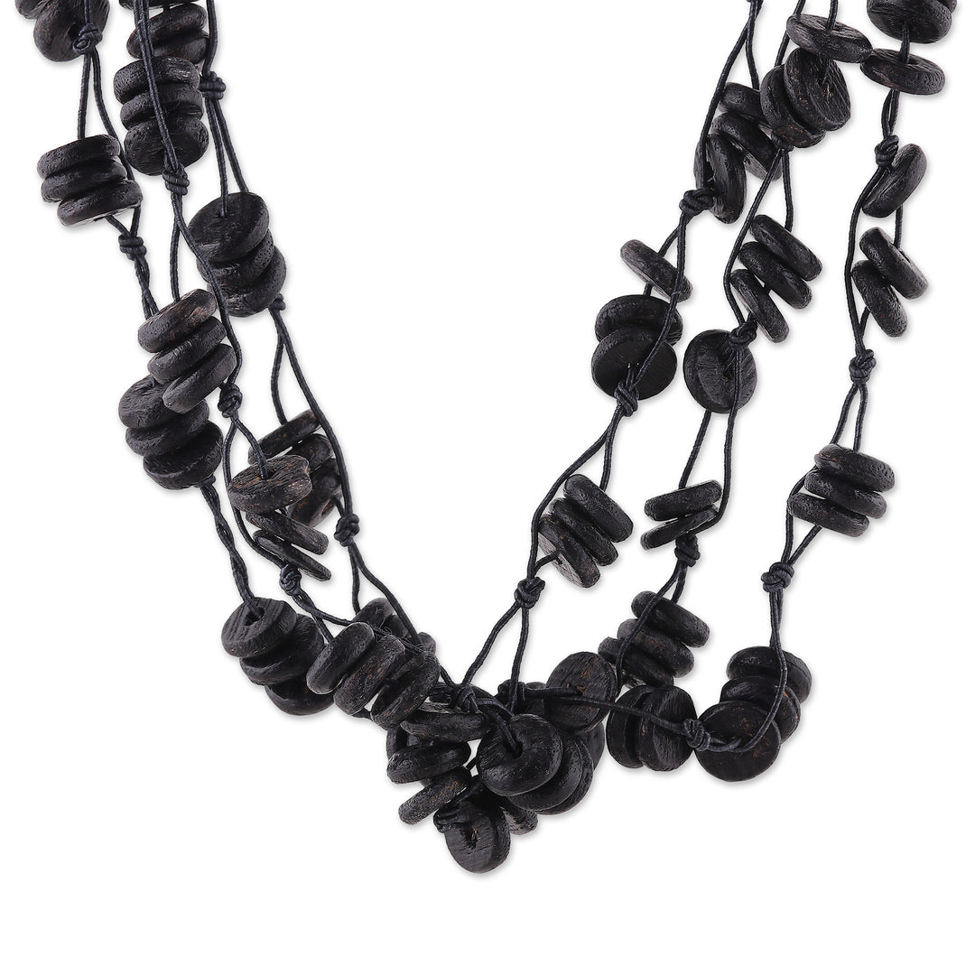 Handcrafted Haldu Wood Beaded Three-Strand Necklace in Black - Midnight Loops
