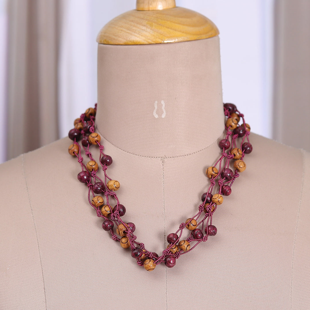 Burgundy and Brown Haldu Wood and Cotton Station Necklace - Burgundy Essence