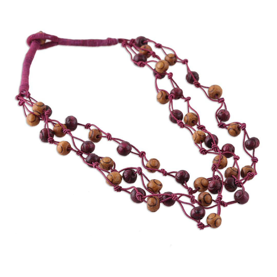 Burgundy and Brown Haldu Wood and Cotton Station Necklace - Burgundy Essence