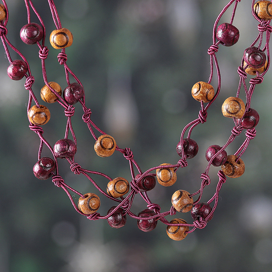 Burgundy and Brown Haldu Wood and Cotton Station Necklace - Burgundy Essence