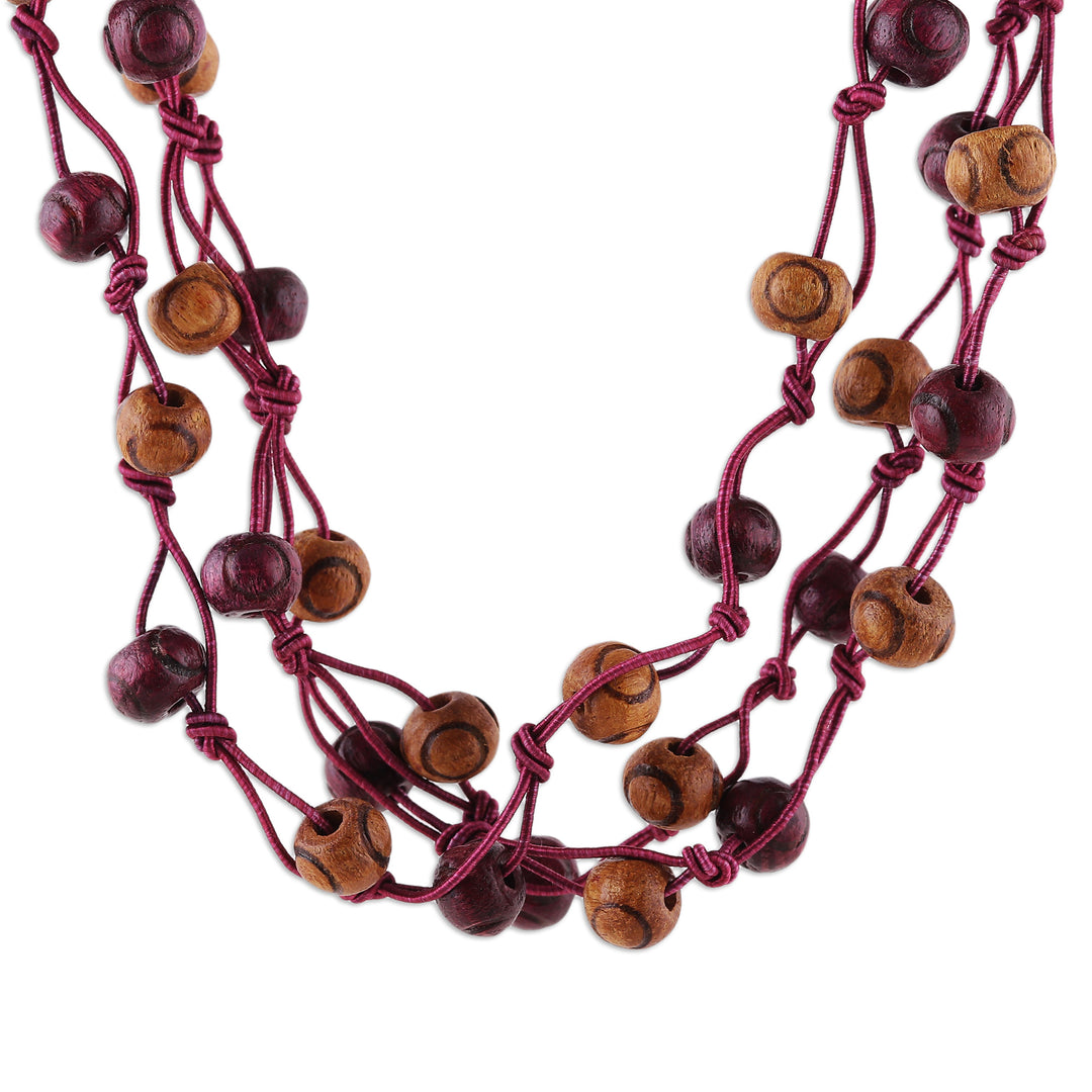 Burgundy and Brown Haldu Wood and Cotton Station Necklace - Burgundy Essence