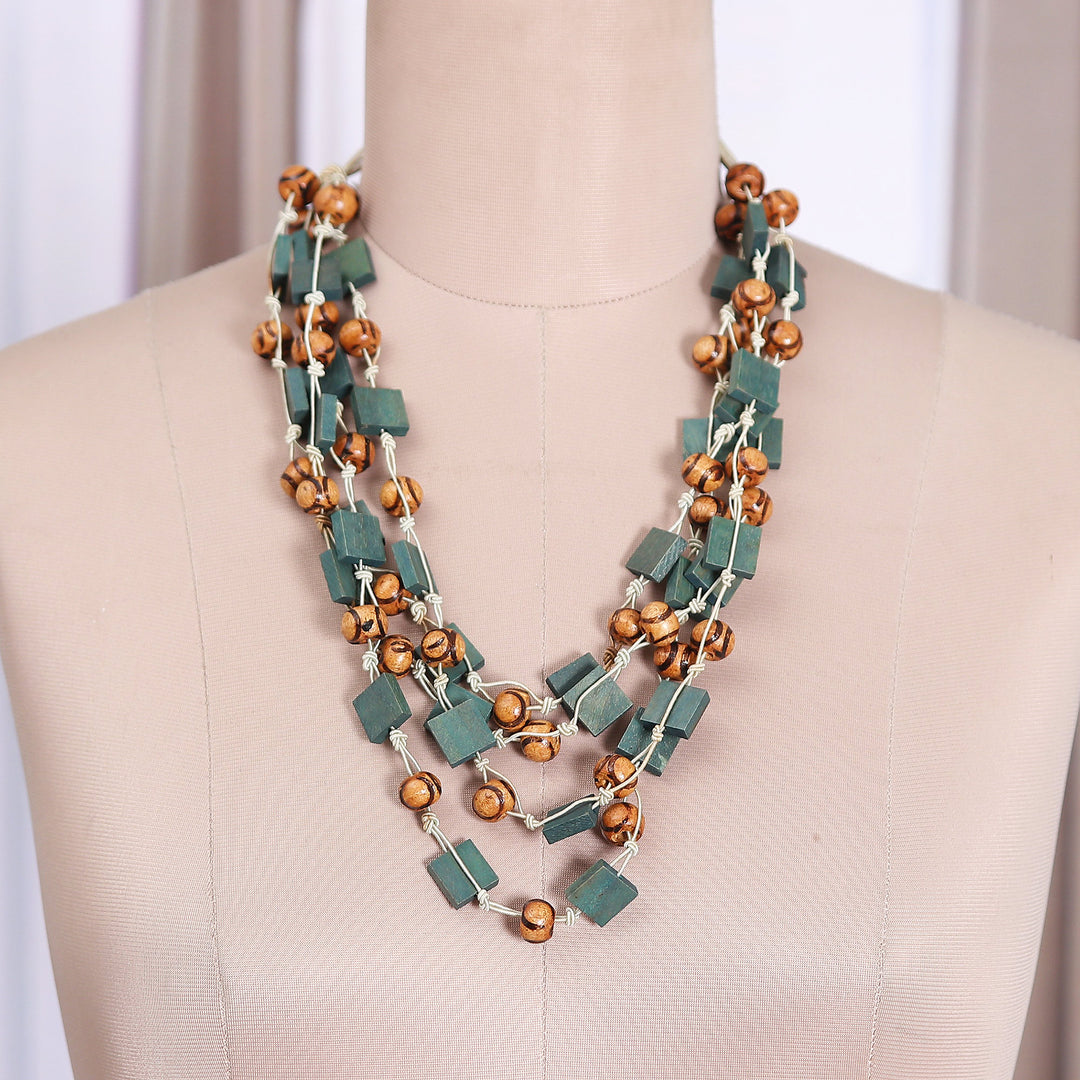 Turquoise and Brown Haldu Wood Beaded Three-Strand Necklace - Rustic Waters